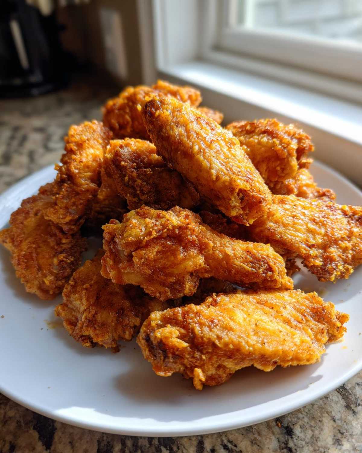 A pile of golden brown, crispy air fryer chicken wings stacked on a white plate near a window.