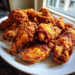 A close-up of a pile of golden brown, crispy air fryer chicken wings served on a white plate.