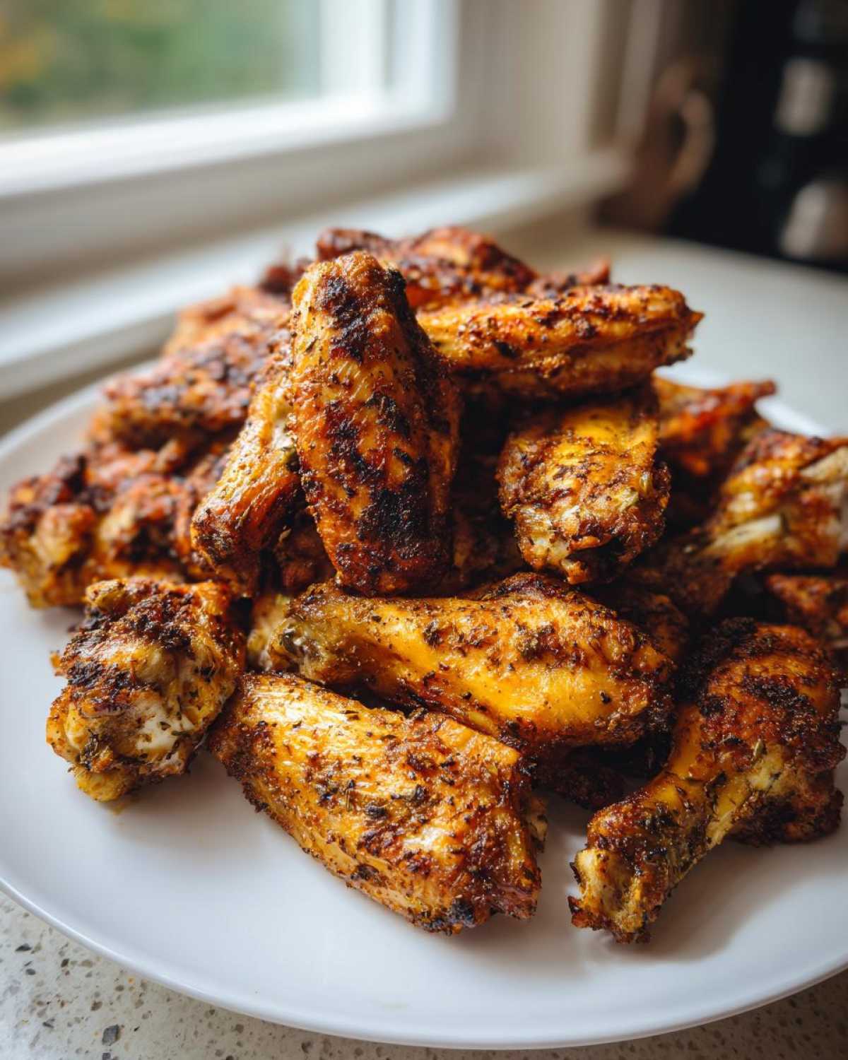 A mound of perfectly seasoned and crispy air fryer chicken wings piled high on a white plate near a window.