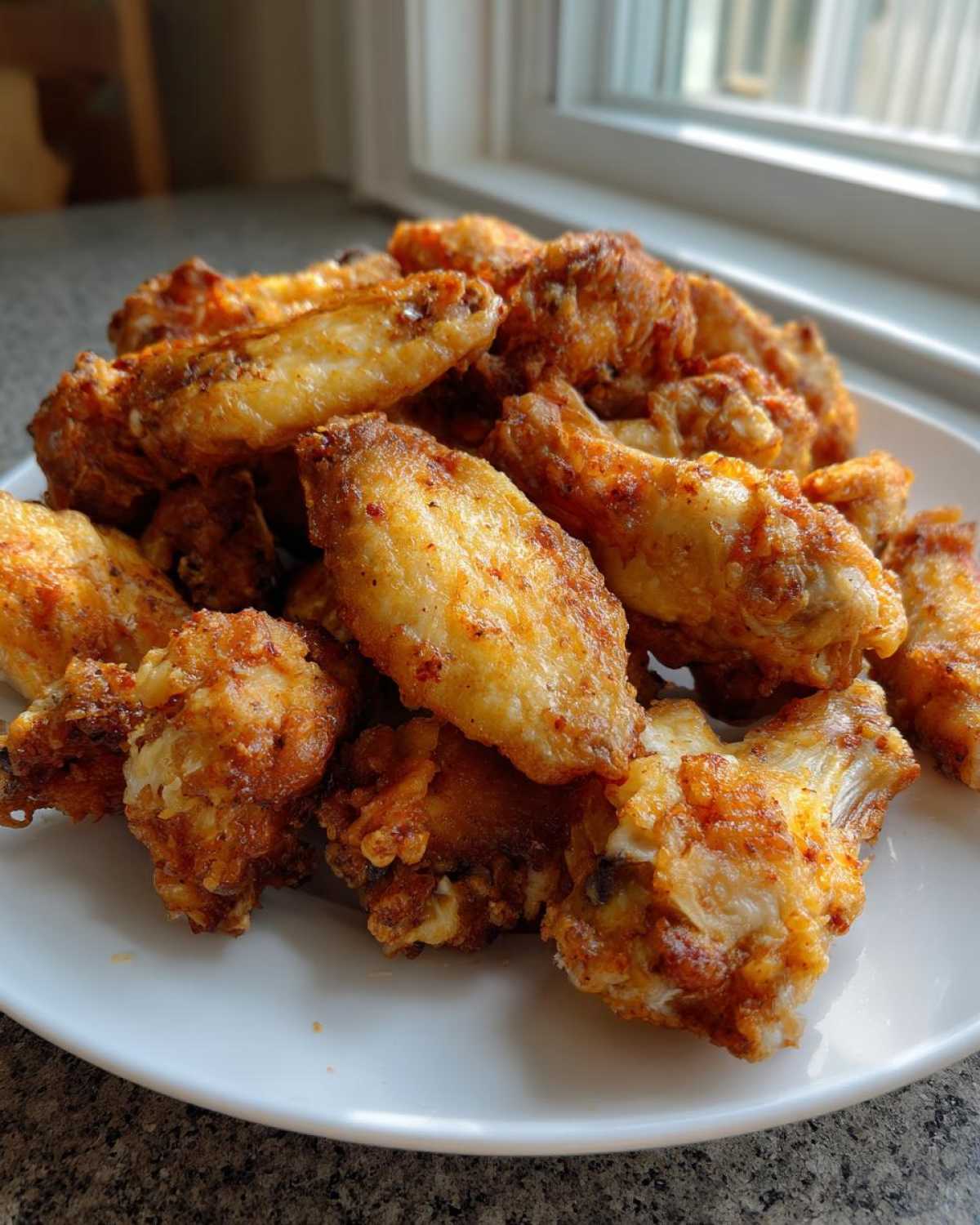 A generous pile of golden brown, crispy air fryer chicken wings seasoned with spices, served on a white plate.