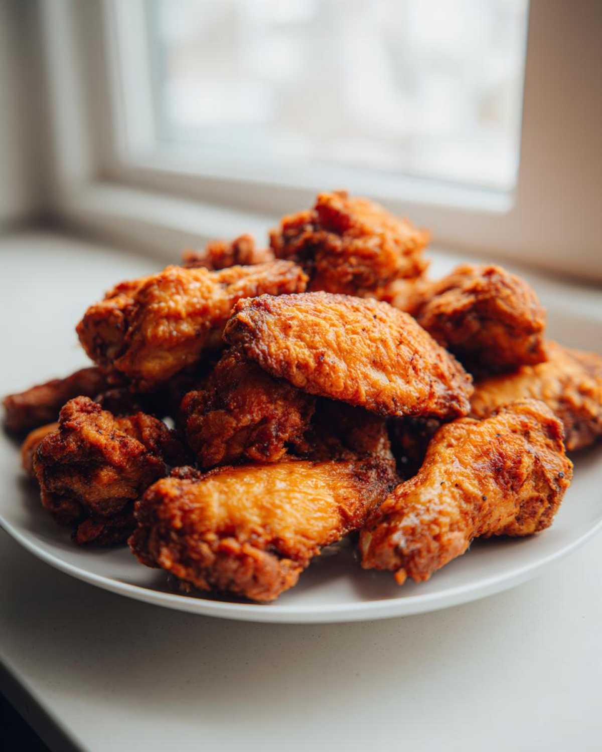 A close-up of a mound of golden brown, crispy air fryer chicken wings piled high on a white plate.
