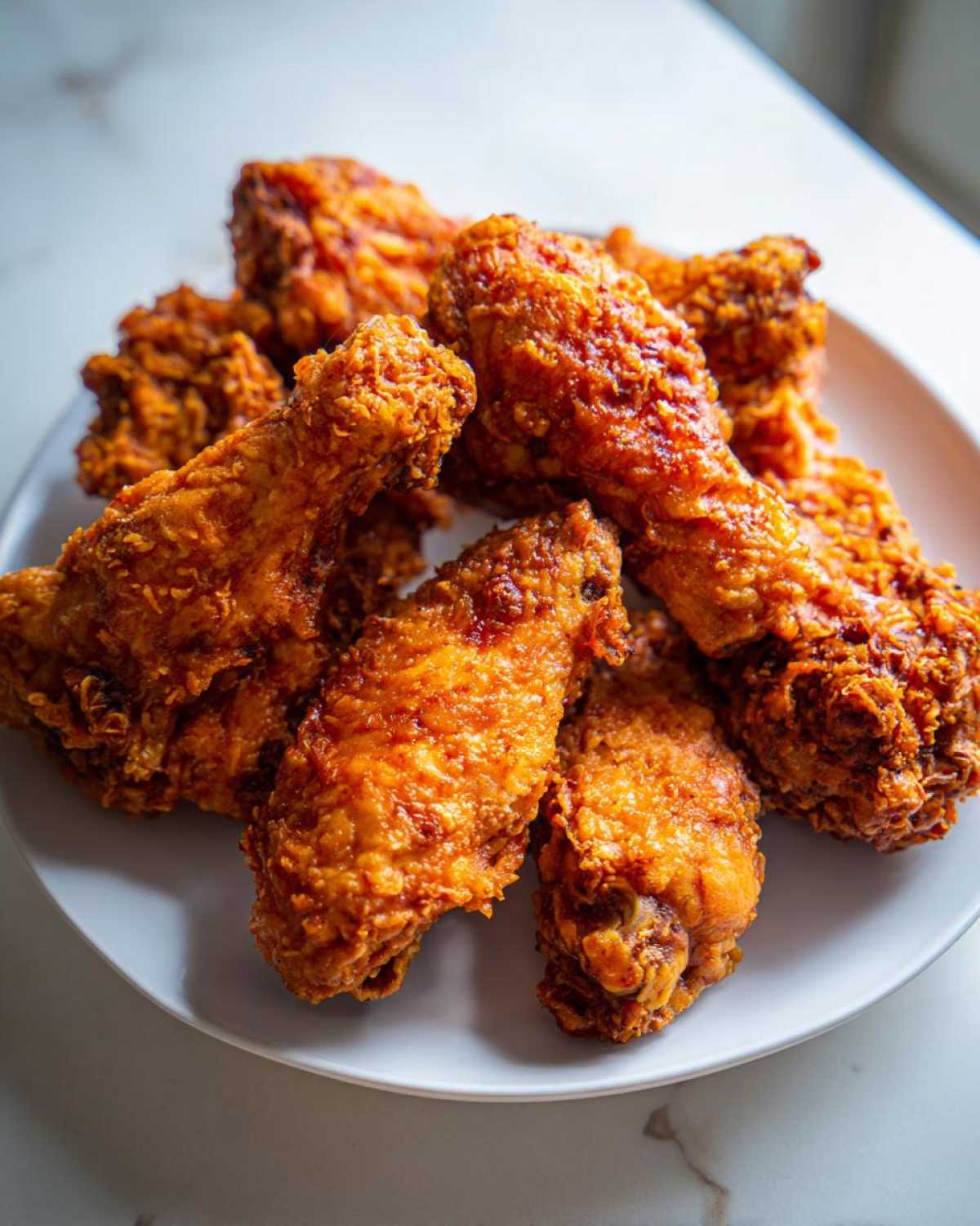 A close-up of several golden brown, crispy baked chicken wings piled high on a white plate.