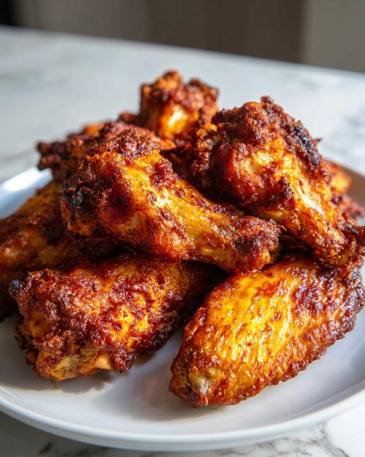 A close-up of a pile of perfectly seasoned and crispy baked chicken wings on a white plate.