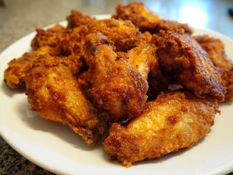 A close-up of a white plate piled high with golden brown, crispy baked chicken wings.