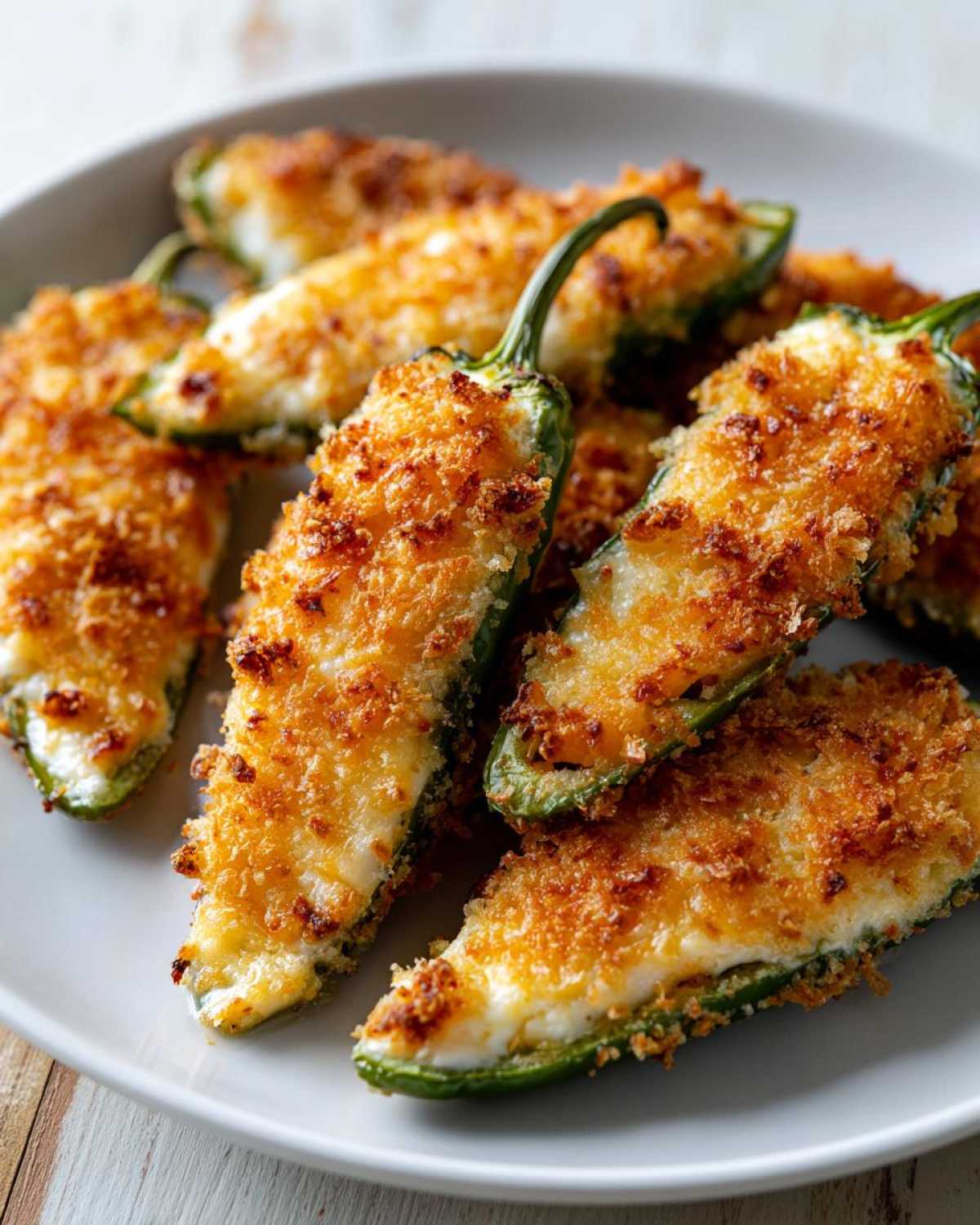 Close-up of several golden-brown, baked jalapeño poppers filled with cream cheese and topped with crispy breadcrumbs.