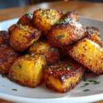 A close-up of perfectly crispy, golden brown breakfast potatoes seasoned and sprinkled with fresh parsley on a white plate.