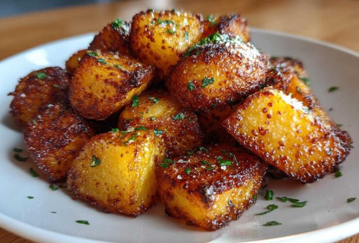 A close-up of perfectly crispy, golden brown breakfast potatoes seasoned and sprinkled with fresh parsley on a white plate.