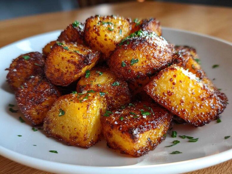 A close-up of perfectly crispy, golden brown breakfast potatoes seasoned and sprinkled with fresh parsley on a white plate.