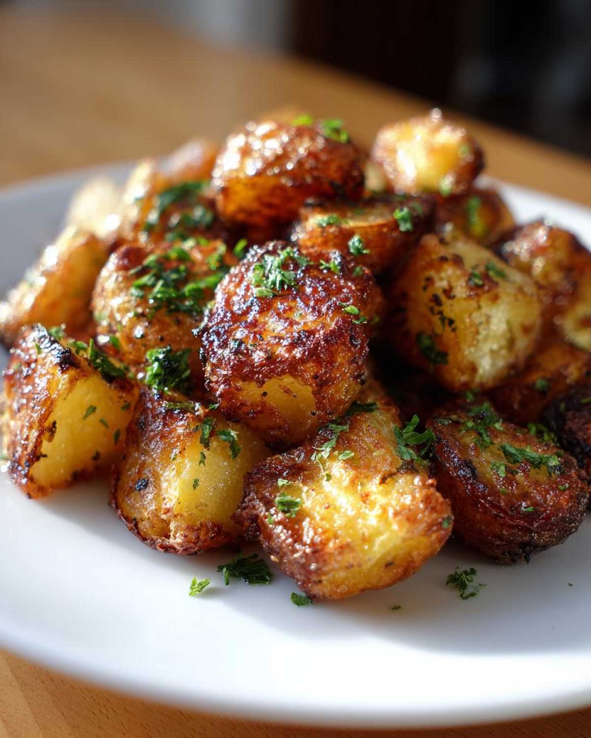 A close-up of perfectly crispy, golden brown breakfast potatoes sprinkled with fresh chopped parsley on a white plate.