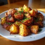 A white plate piled high with golden brown, crispy breakfast potatoes sprinkled with fresh chopped parsley.