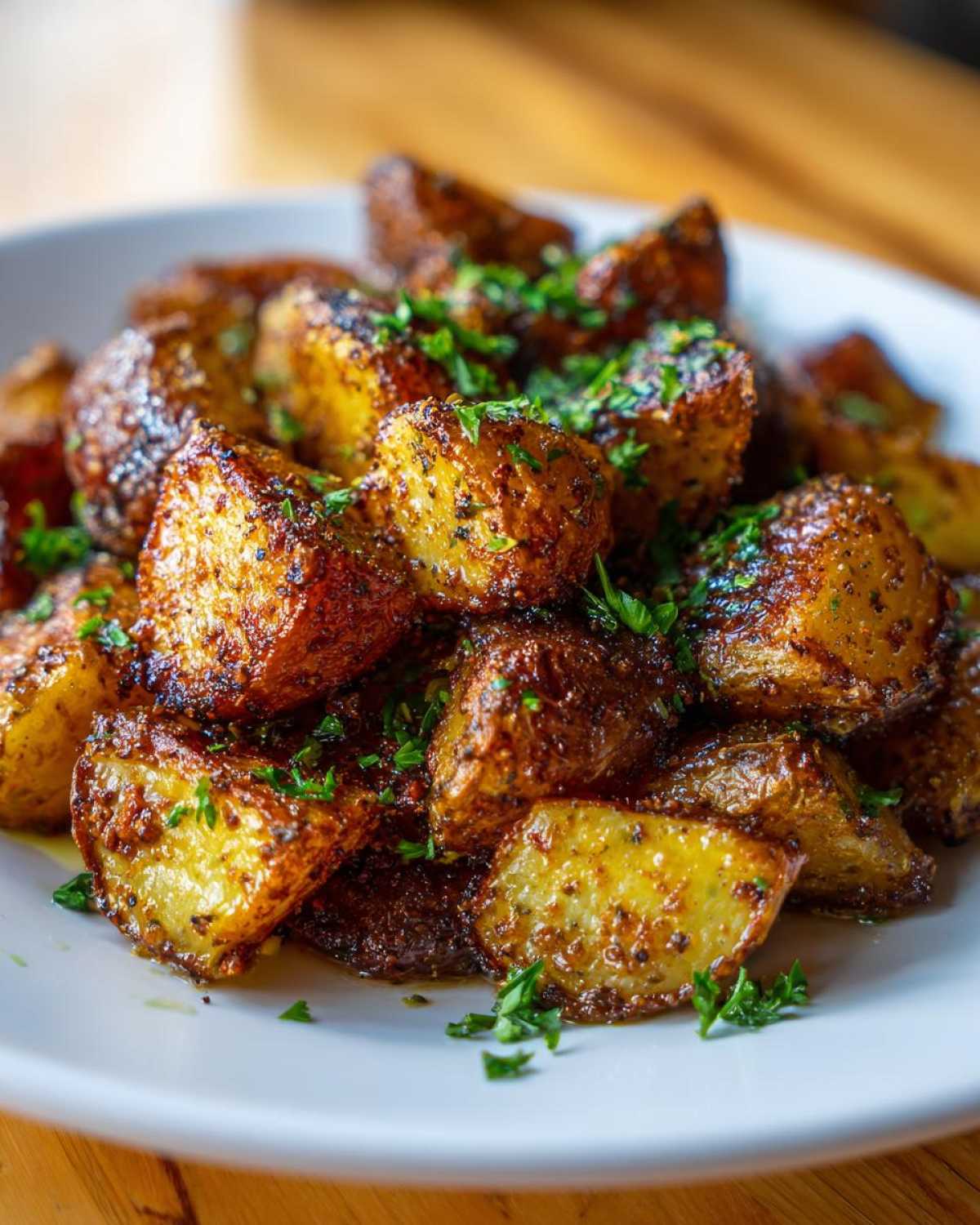 Close-up of crispy, golden brown breakfast potatoes seasoned with spices and topped with fresh parsley.