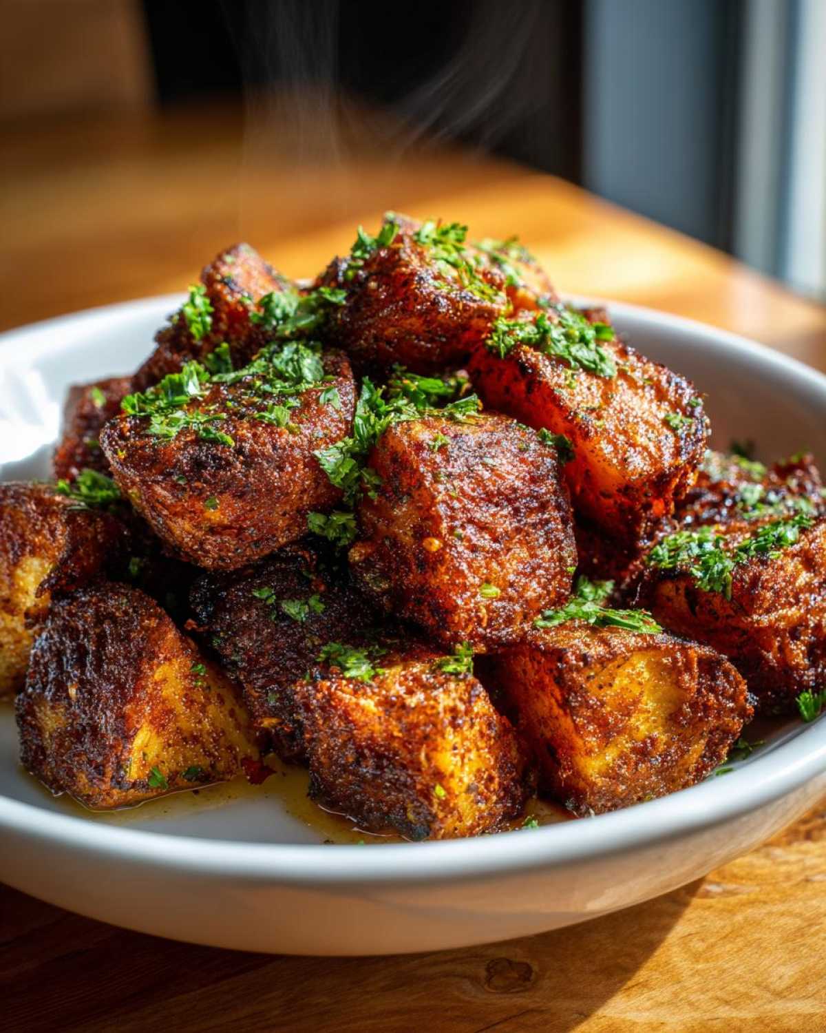 A close-up of a white bowl piled high with crispy, dark-brown breakfast potatoes, garnished with fresh green parsley.