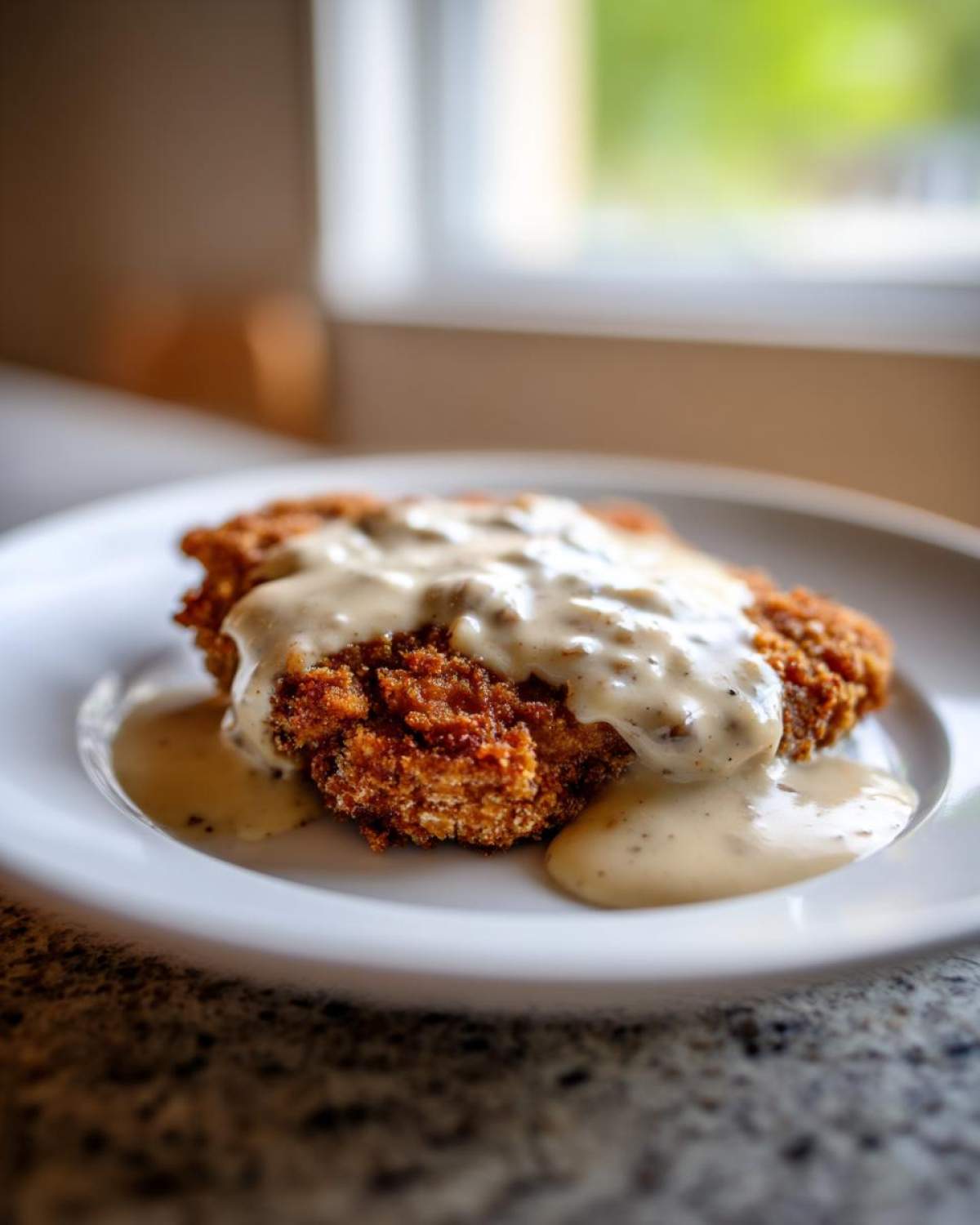 A close-up of a golden brown, crispy chicken fried steak smothered in creamy white pepper gravy on a white plate.
