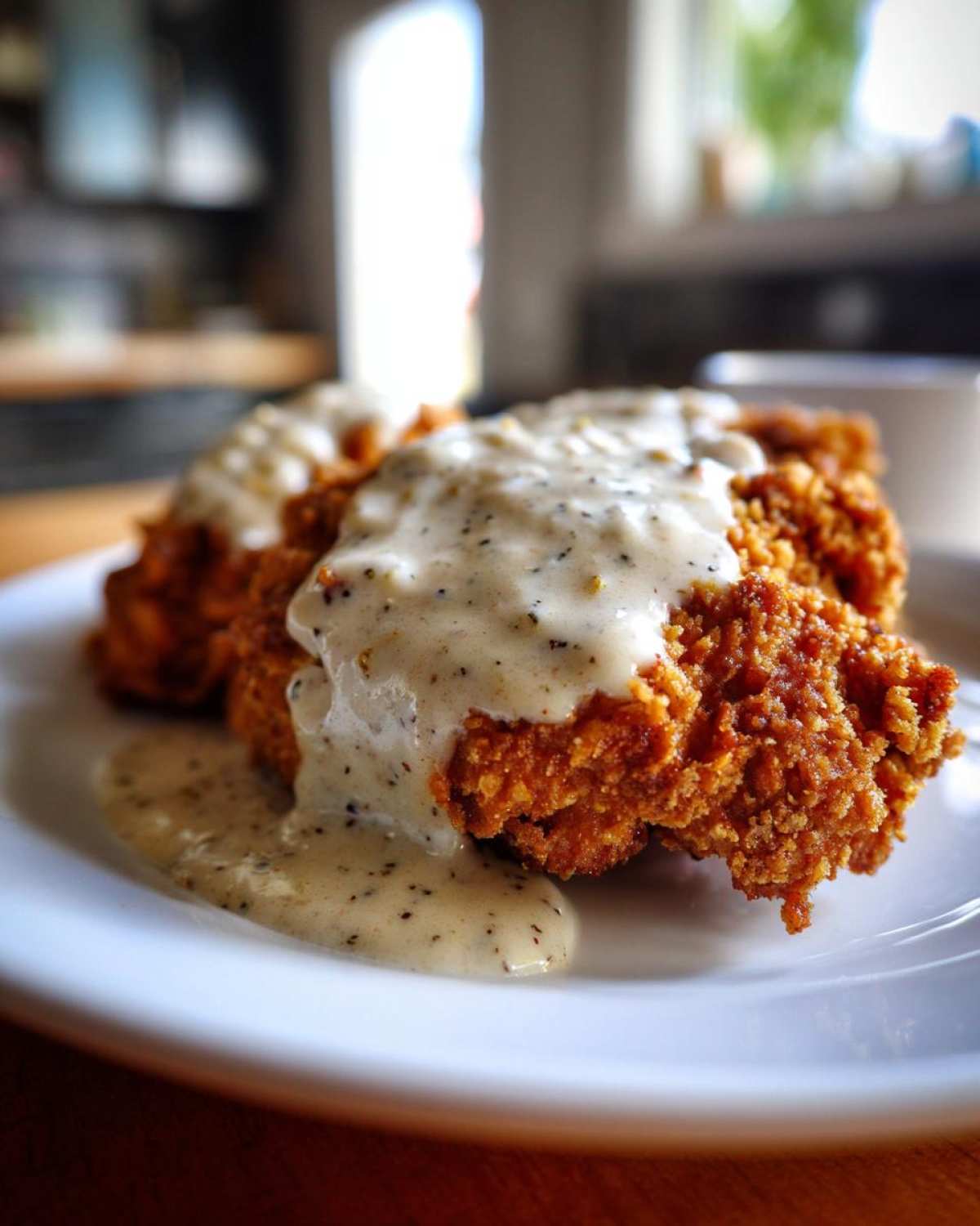 Close-up of crispy, golden brown chicken fried steak smothered in rich, creamy black pepper gravy.