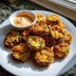 A plate of golden brown, crispy Fried Pickles served with a small bowl of orange dipping sauce.