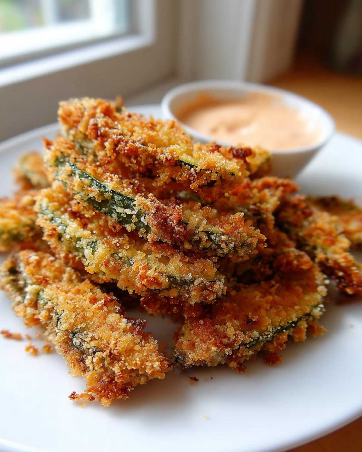 Close-up of golden brown, crispy fried pickles stacked on a white plate next to a small bowl of dipping sauce.