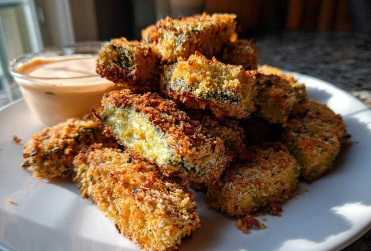 A pile of golden brown, crispy Fried Pickles served on a white plate next to a small bowl of creamy dipping sauce.