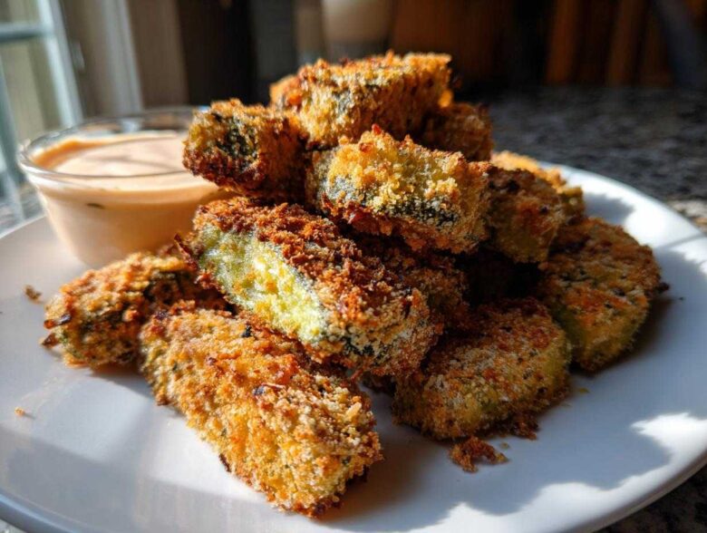 A pile of golden brown, crispy Fried Pickles served on a white plate next to a small bowl of creamy dipping sauce.