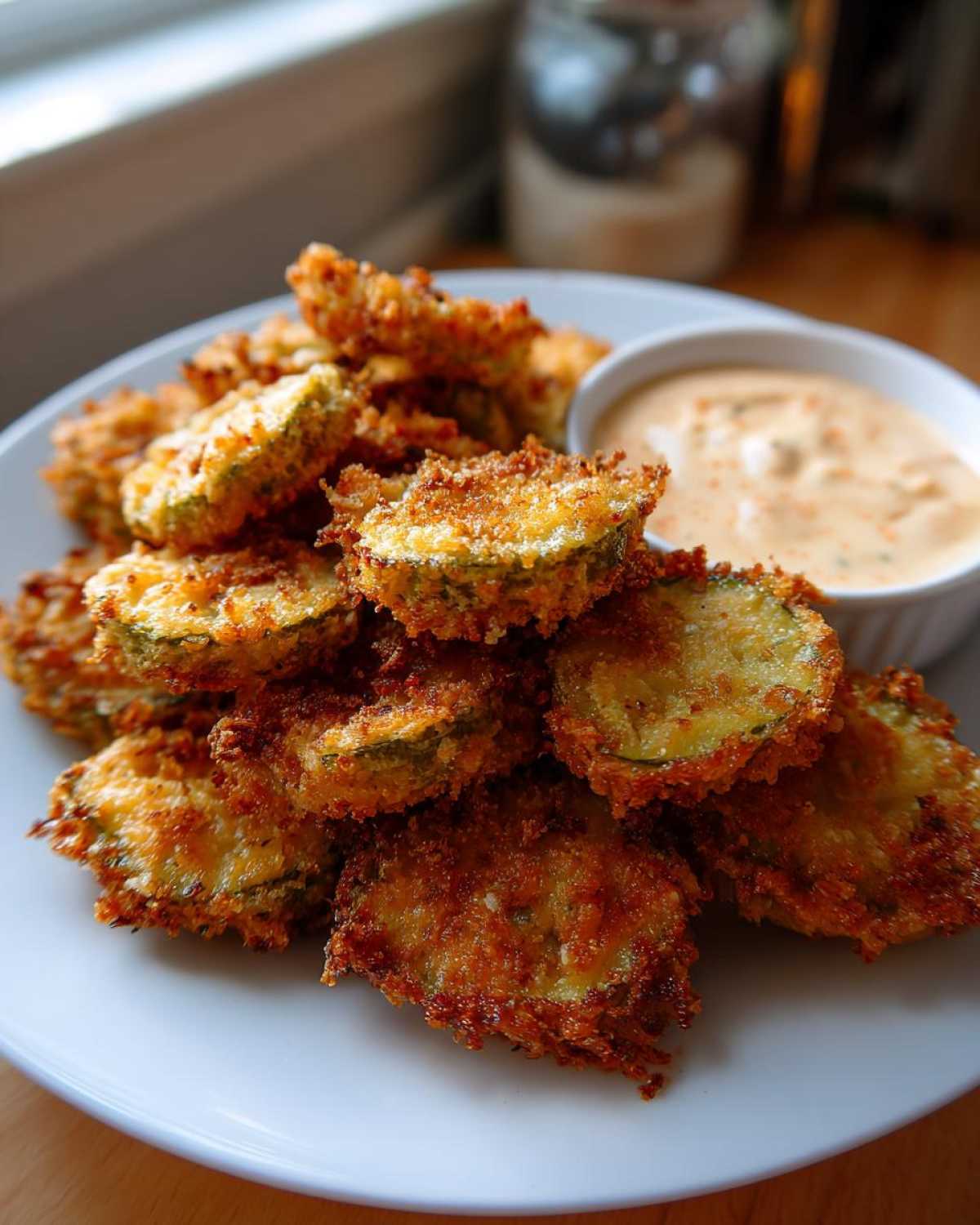 A tall stack of golden brown, crispy Fried Pickles served on a white plate next to a small bowl of dipping sauce.
