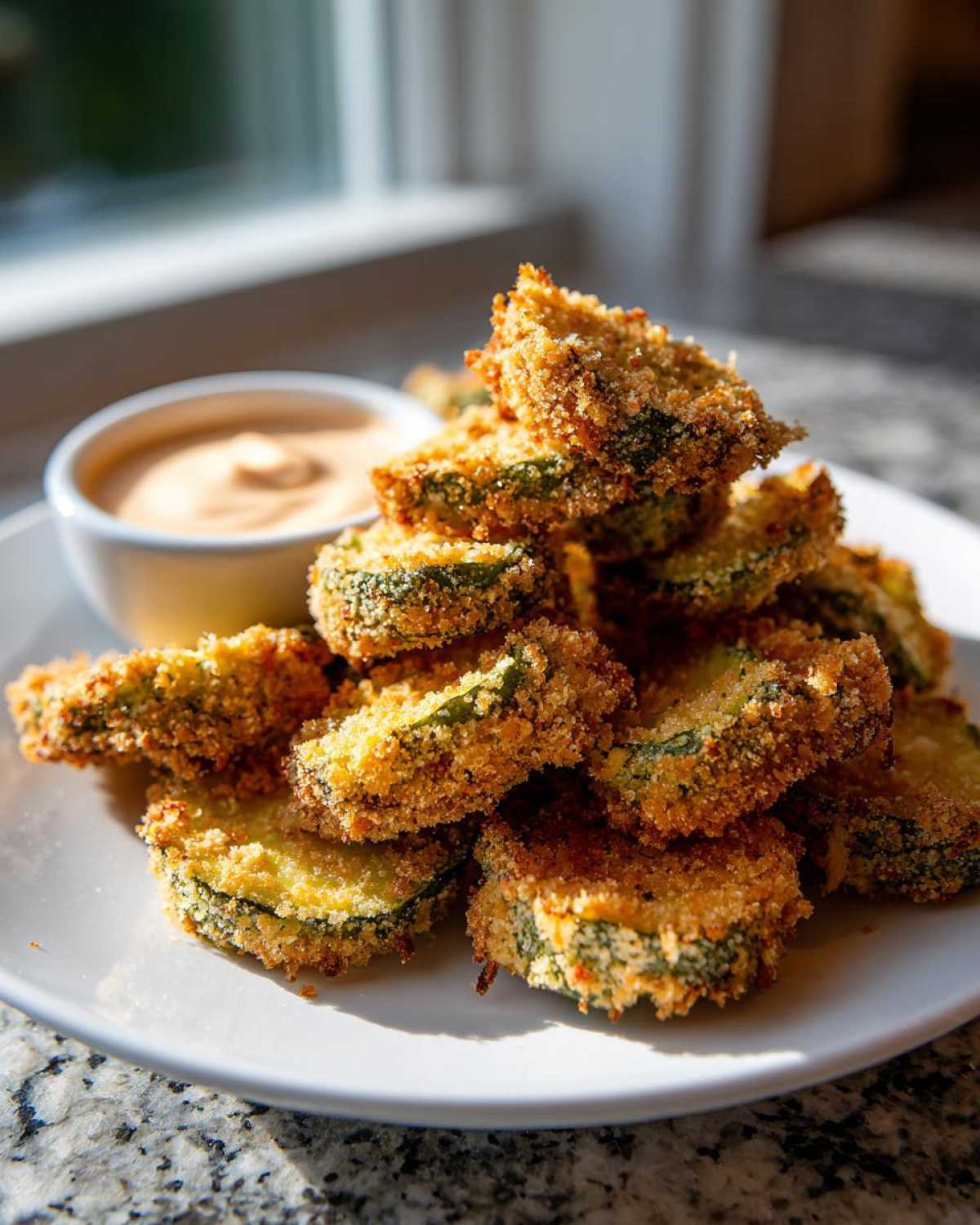 A pile of golden brown, crispy Fried Pickles served on a white plate next to a small bowl of dipping sauce.