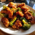 Close-up of crispy, glazed chicken and bright green broccoli florets served on a white plate.