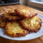 A stack of golden-brown, crispy potato pancakes served on a white plate, showing shredded potato texture.