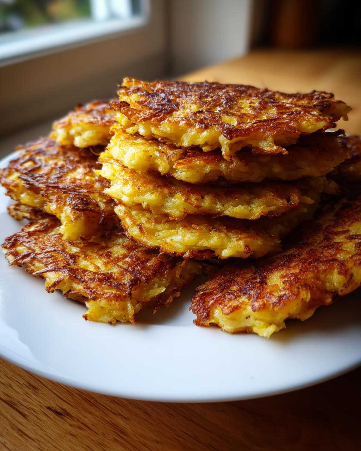 A close-up stack of golden brown, crispy potato pancakes piled high on a white plate.