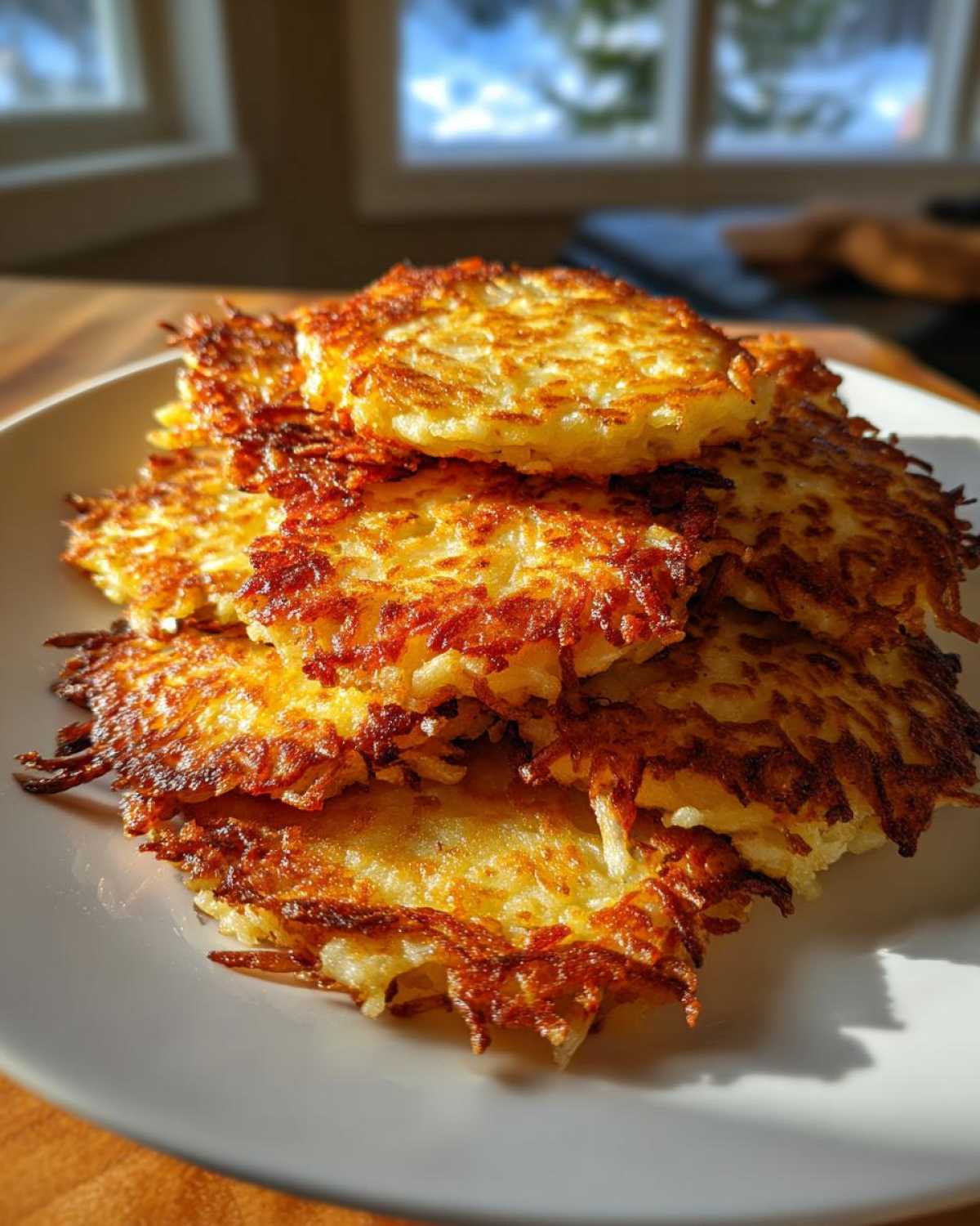 A stack of golden-brown, crispy potato pancakes resting on a white plate, beautifully lit by sunlight.