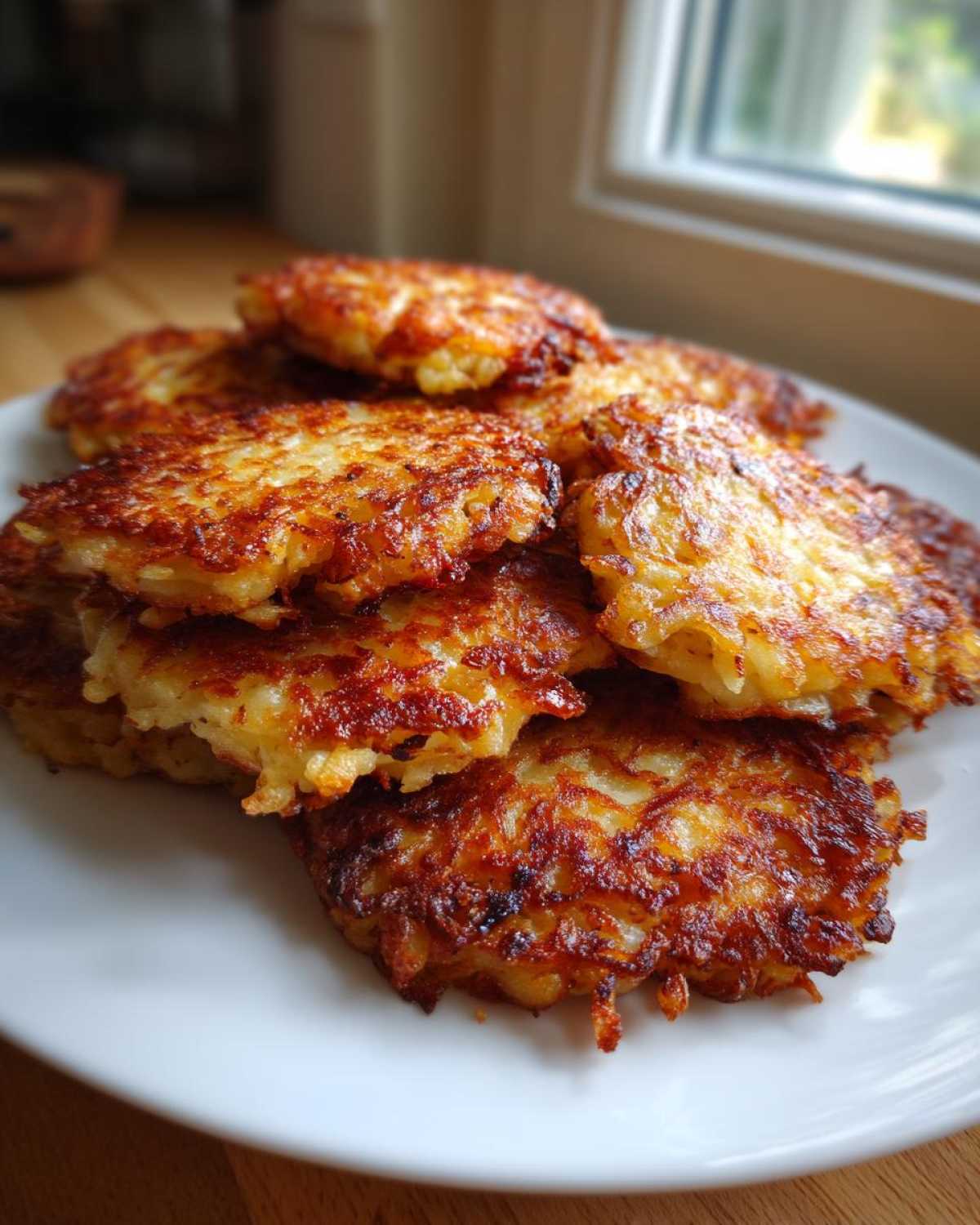 A stack of golden-brown, crispy potato pancakes piled high on a white plate near a window.
