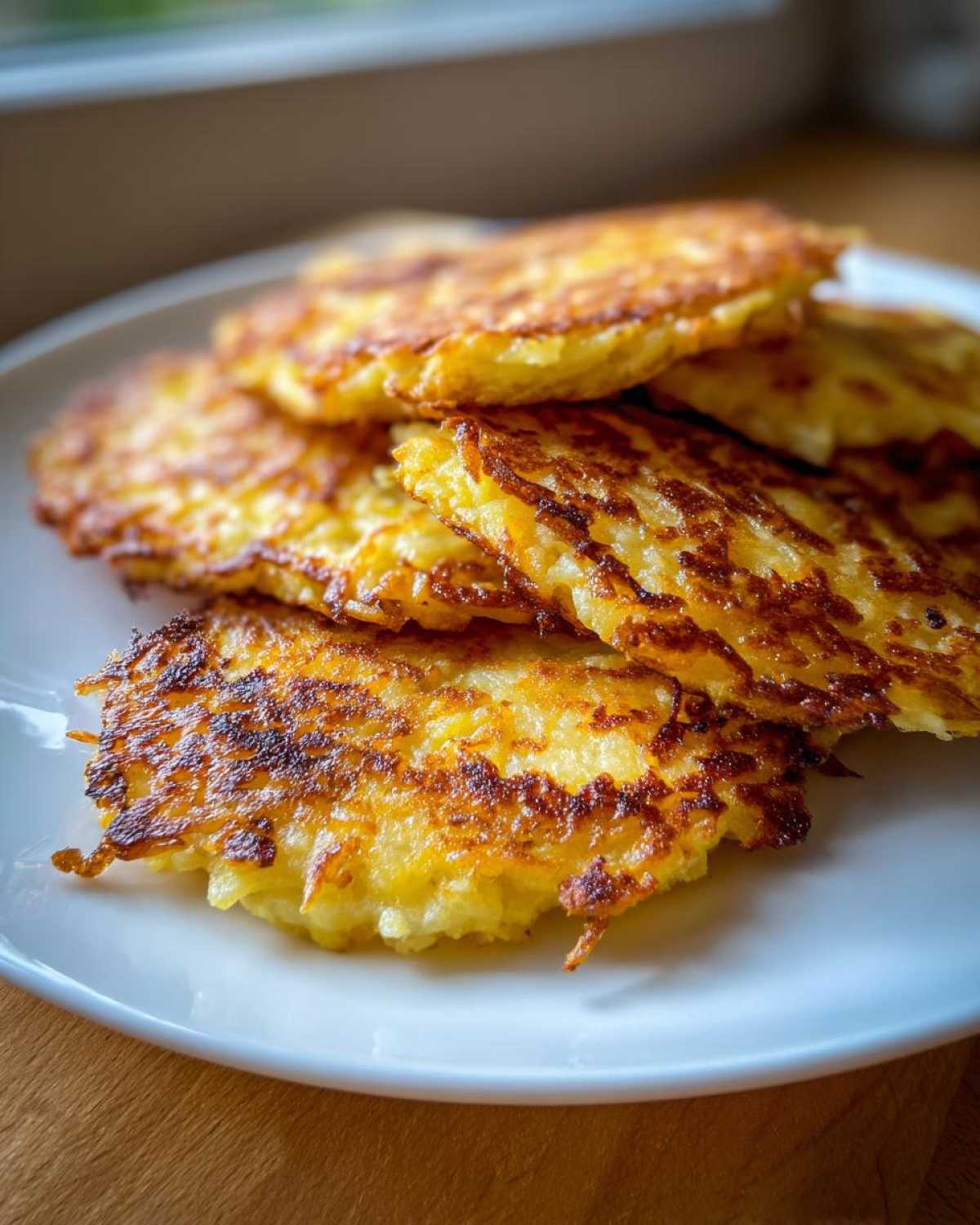 A stack of perfectly golden and crispy potato pancakes piled high on a white plate, showing shredded texture.