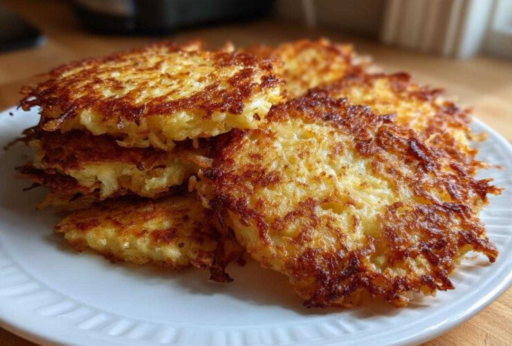 A stack of golden brown, crispy potato pancakes piled high on a white plate.