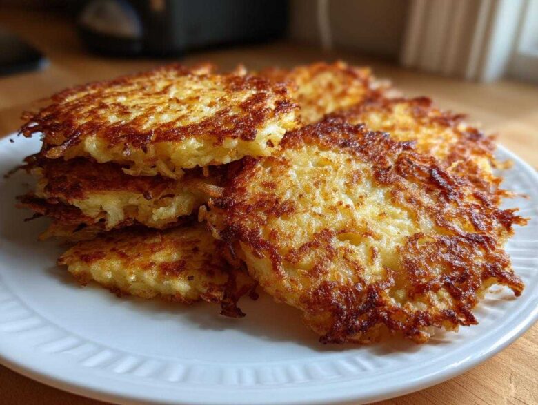 A stack of golden brown, crispy potato pancakes piled high on a white plate.