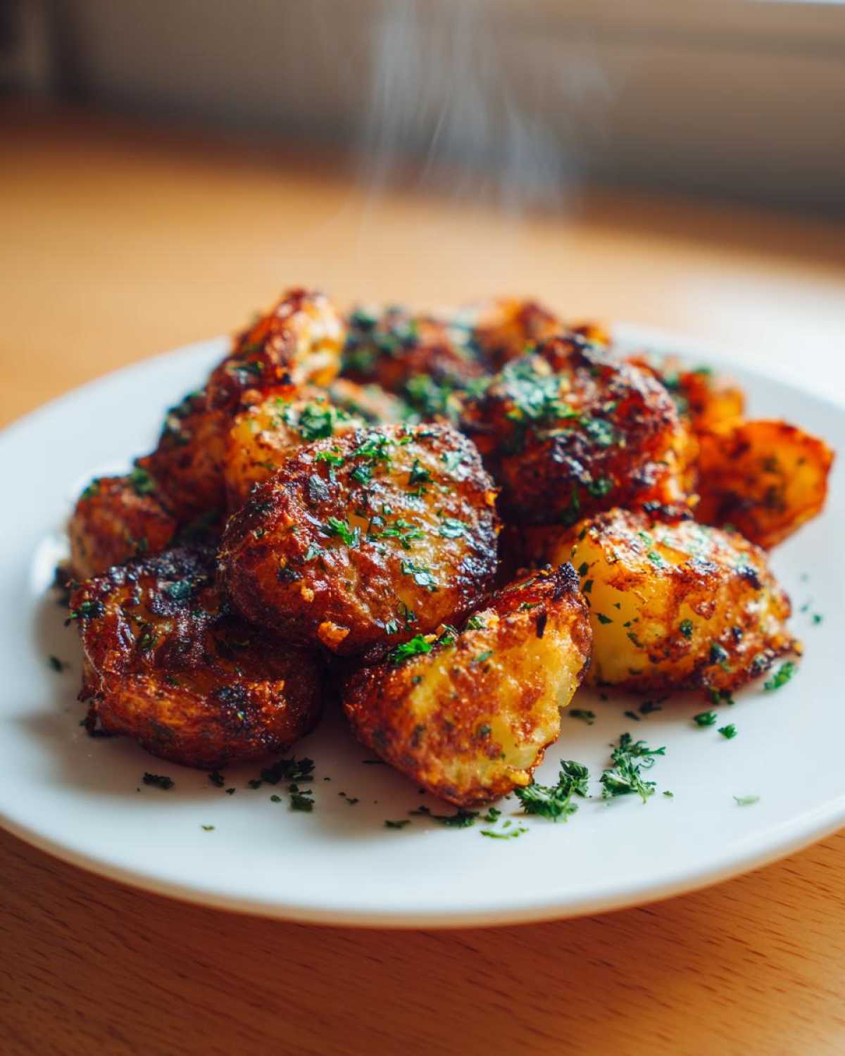 Close-up of perfectly crispy, golden-brown breakfast potatoes steaming slightly and garnished with fresh parsley.