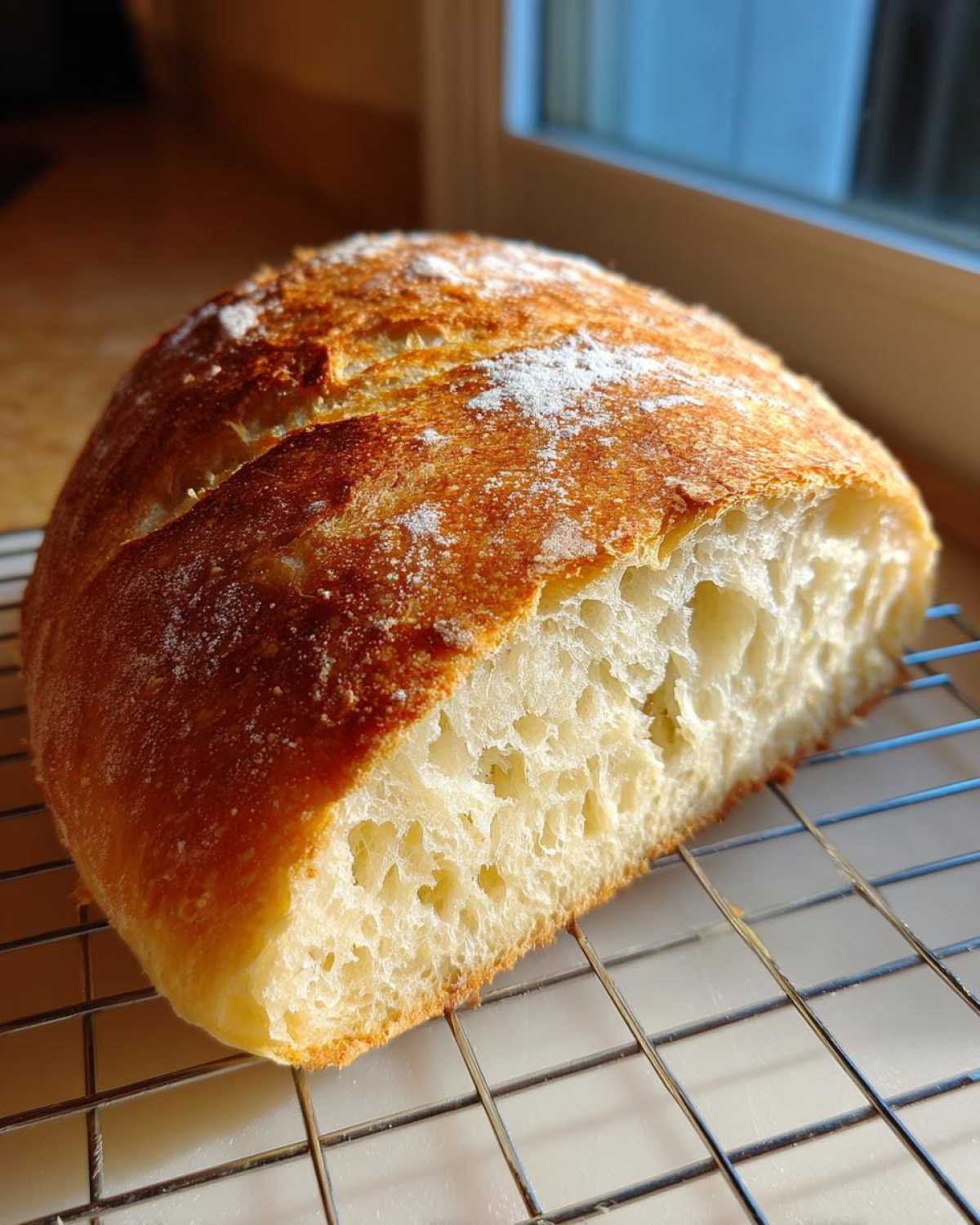 A freshly baked loaf of Italian bread, cut to show the airy crumb, cooling on a wire rack.