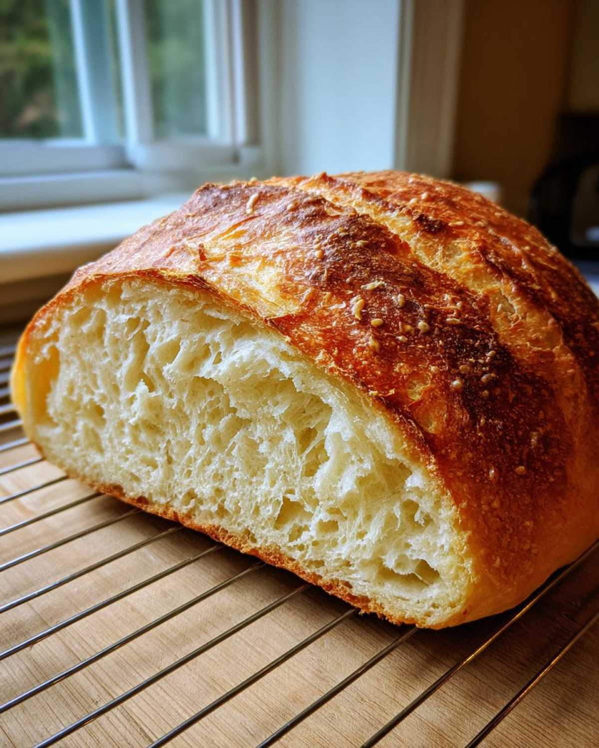 Close-up of a freshly baked loaf of Italian bread, cut in half to show the airy interior crumb and golden crust.
