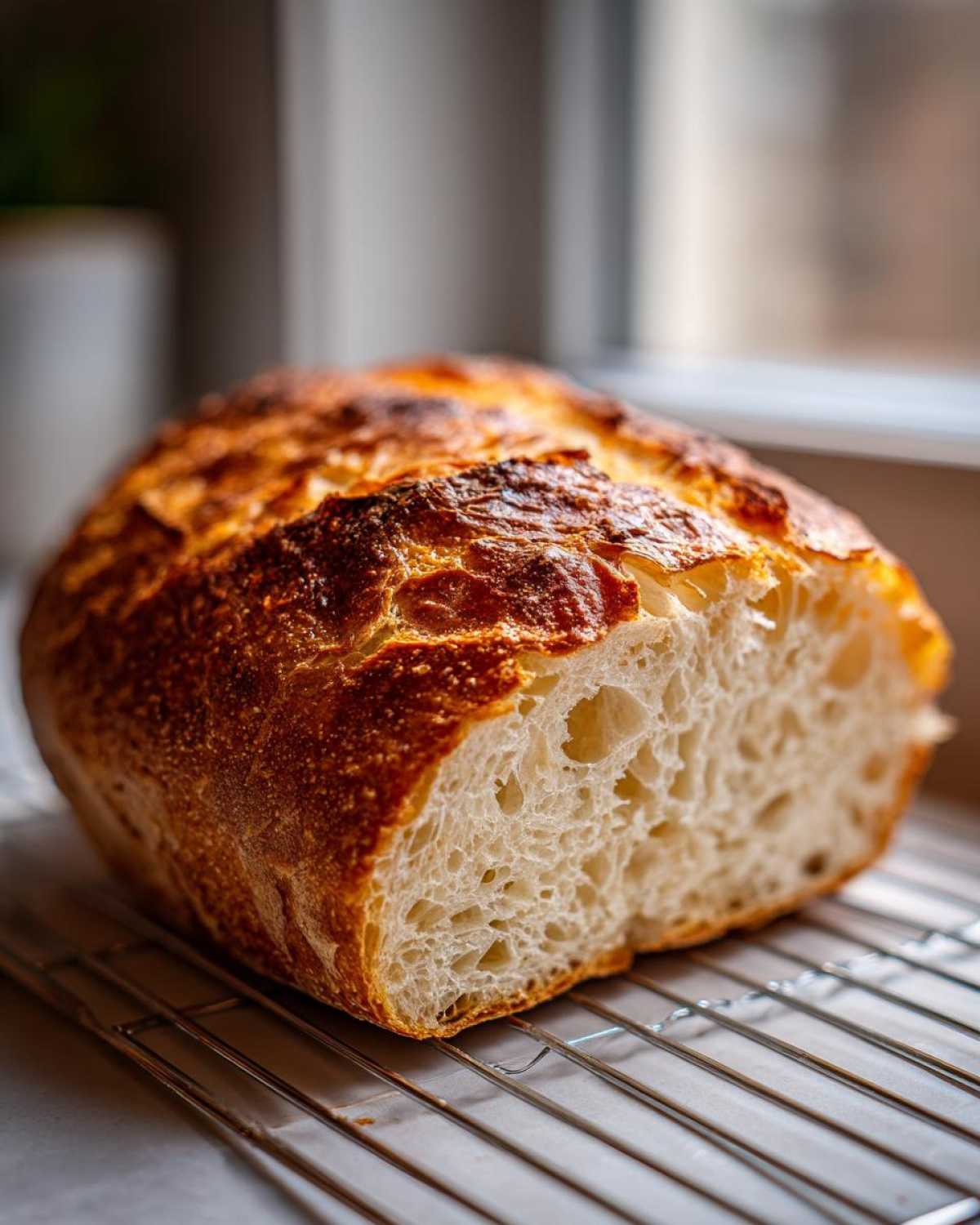 A freshly baked loaf of Italian bread, sliced to show the airy, open crumb structure and dark, crusty top.