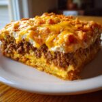 A thick, layered slice of Amazing Dorito Casserole topped with melted cheese and crushed chips.