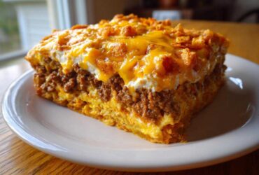 A thick, layered slice of Amazing Dorito Casserole topped with melted cheese and crushed chips.