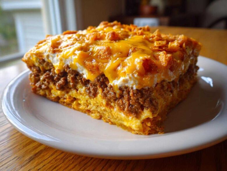 A thick, layered slice of Amazing Dorito Casserole topped with melted cheese and crushed chips.