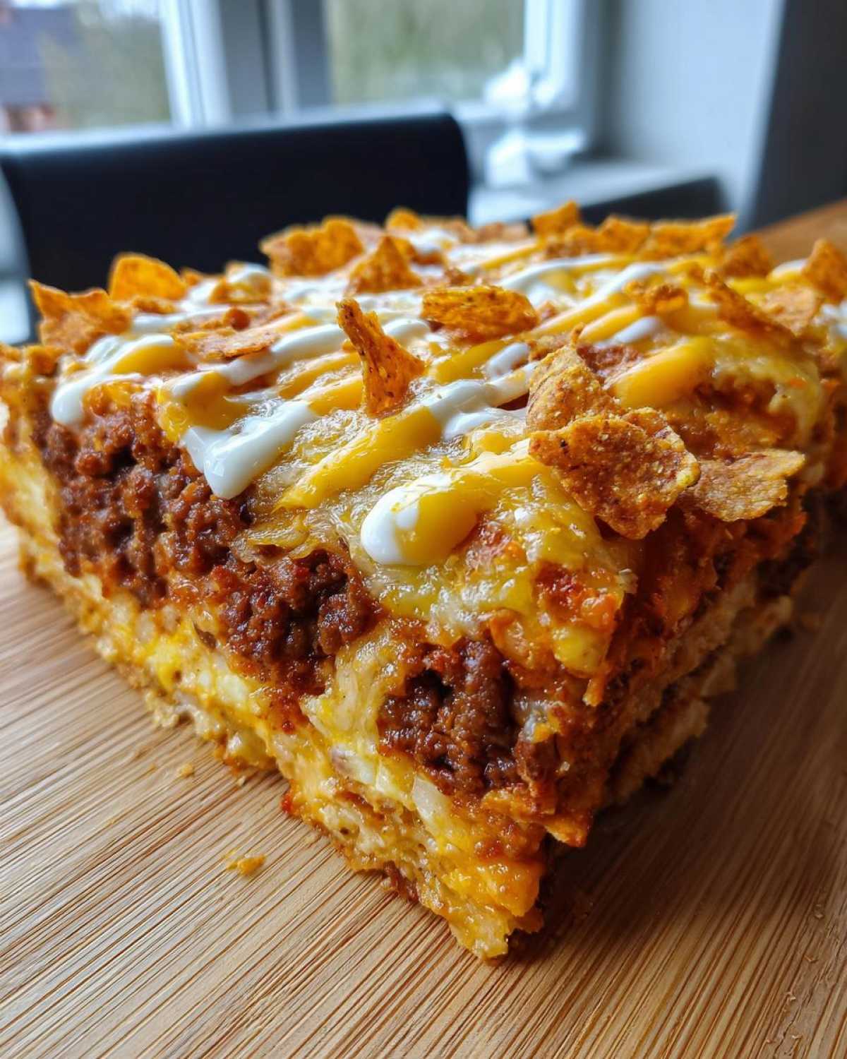 A close-up slice of Dorito Casserole featuring layers of seasoned meat, cheese, and topped with crushed chips and sour cream.
