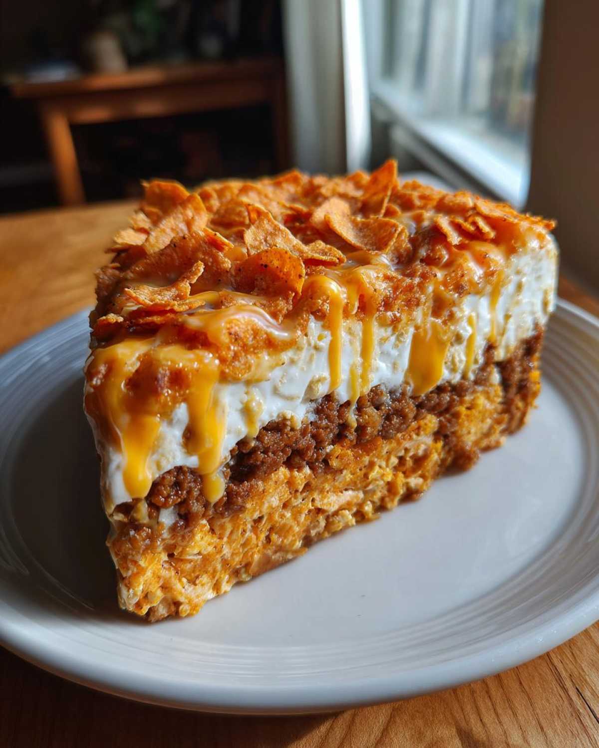 A thick slice of Dorito Casserole featuring layers of orange base, meat, white topping, and crushed chips drizzled with cheese sauce.