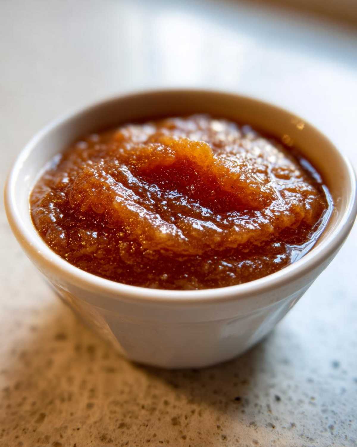 A close-up of rich, dark brown homemade applesauce served in a small white bowl.
