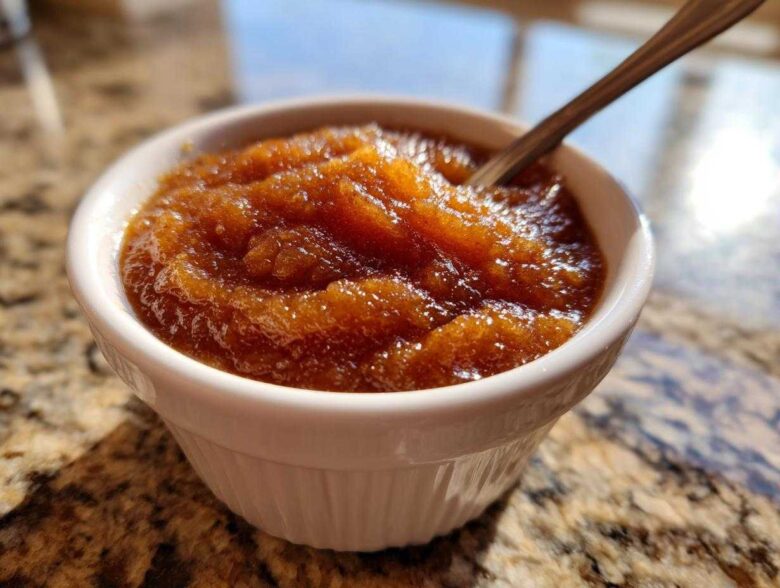 A close-up shot of rich, dark brown homemade applesauce served in a small white fluted ramekin with a spoon.