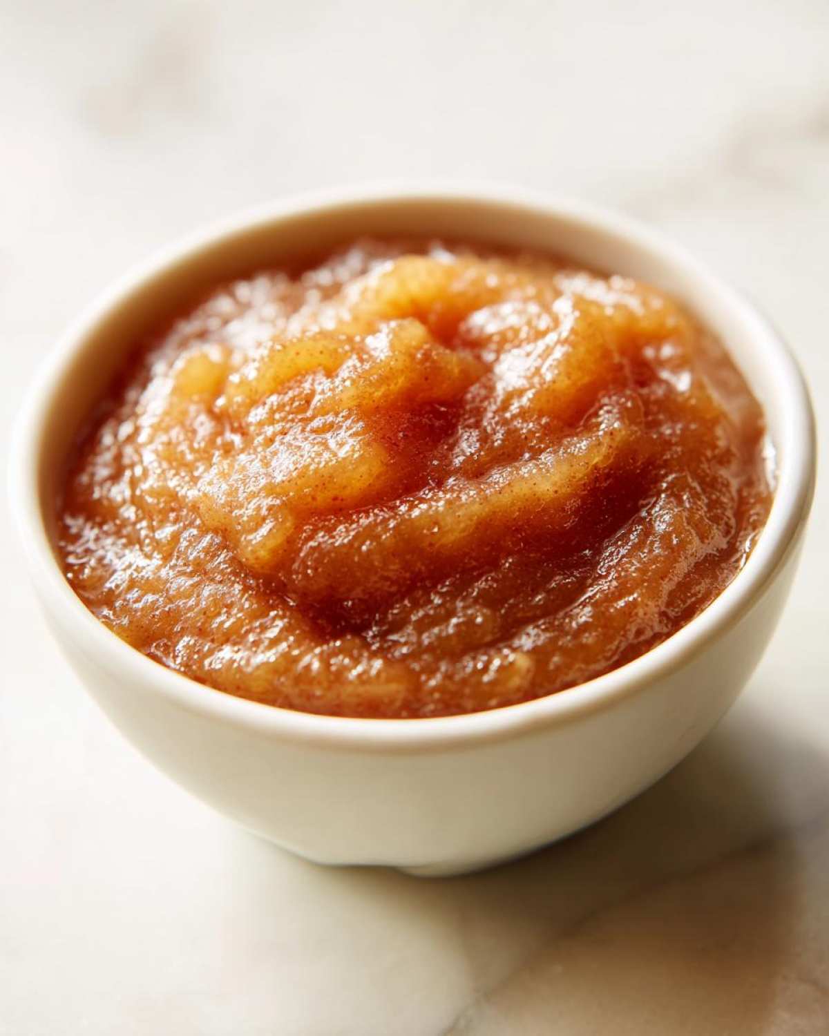 Close-up of rich, brown homemade applesauce seasoned with cinnamon, served in a small white bowl.