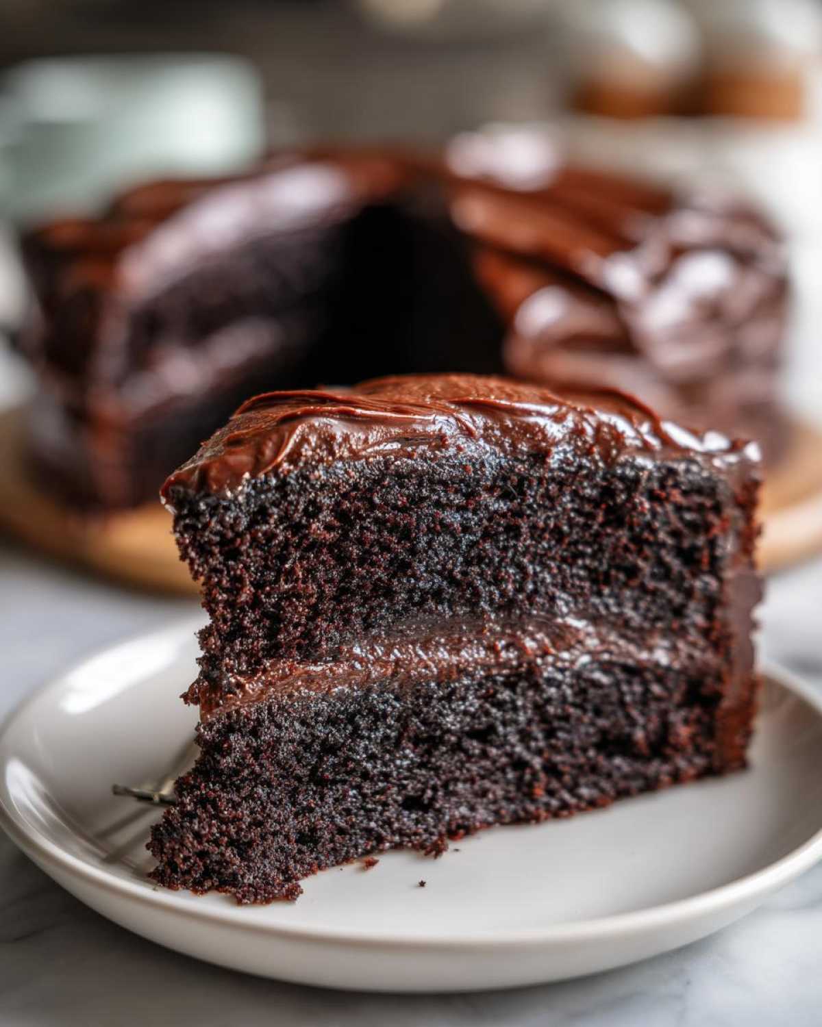 A close-up of a moist slice of chocolate fudge cake with rich dark frosting, sitting on a white plate.