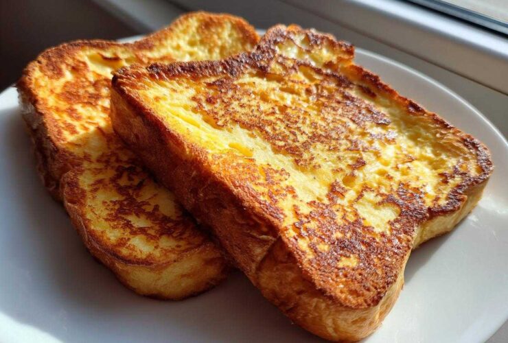 Close-up of two golden-brown slices of easy french toast stacked slightly on a white plate, backlit by sunlight.