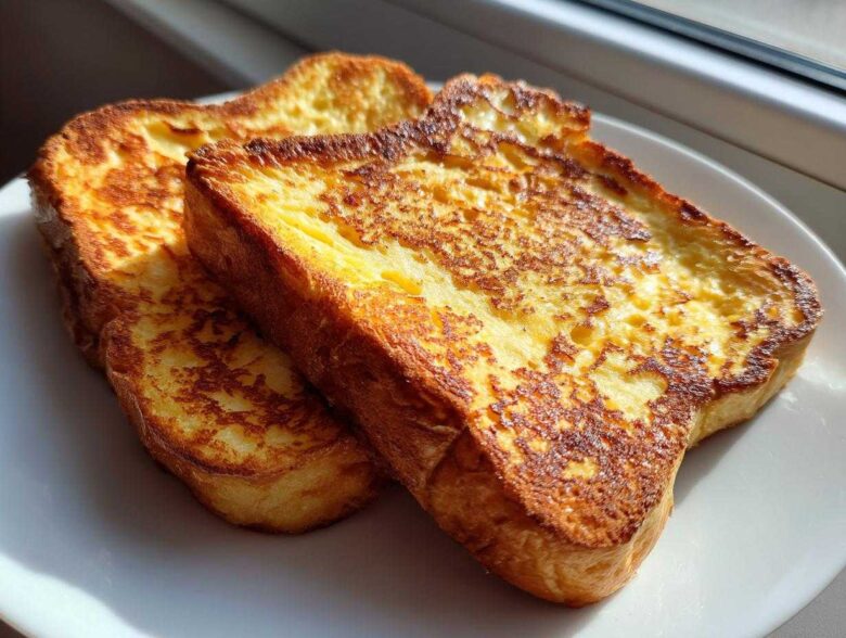 Close-up of two golden-brown slices of easy french toast stacked slightly on a white plate, backlit by sunlight.