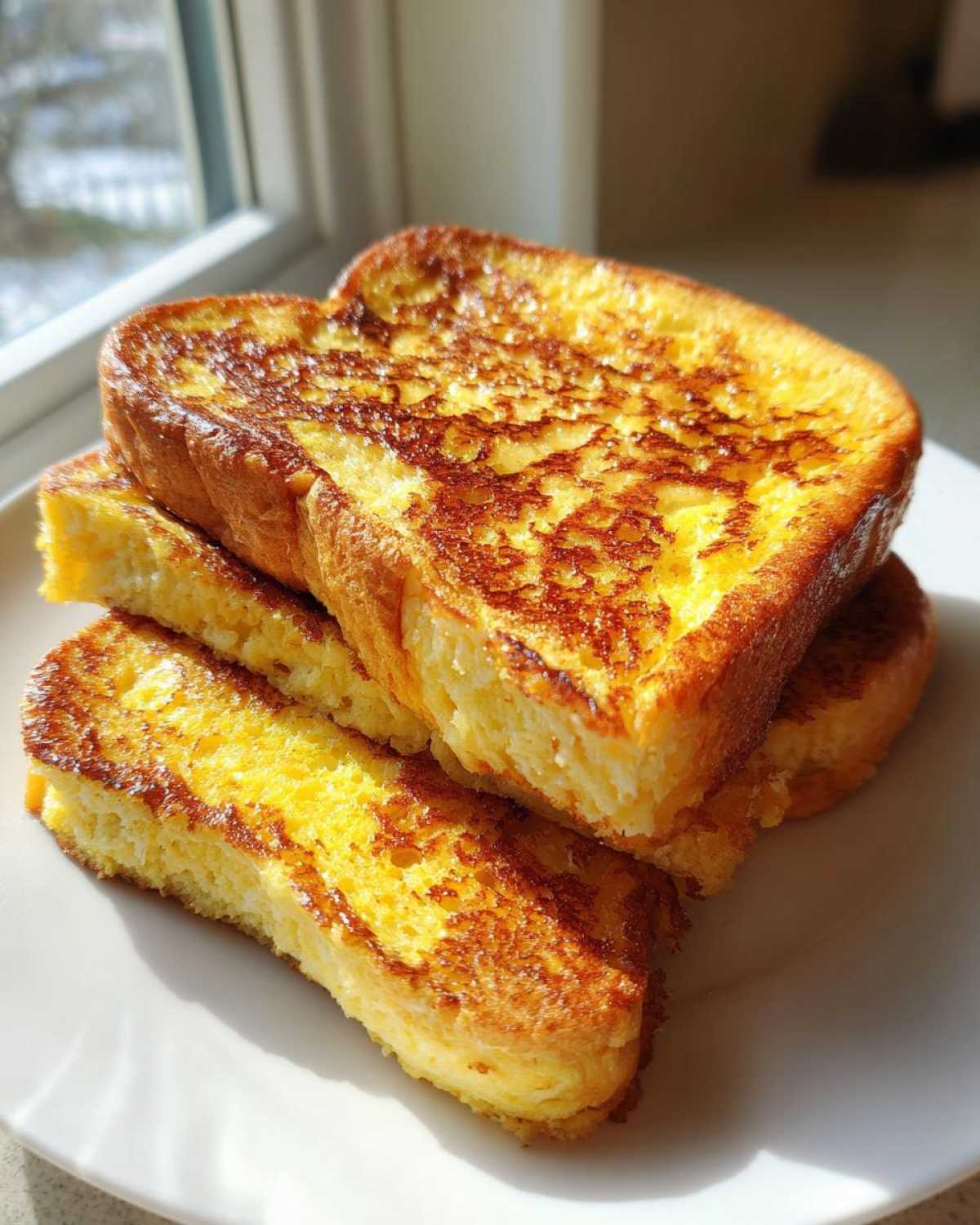 A stack of golden brown, fluffy easy french toast slices resting on a white plate near a window.