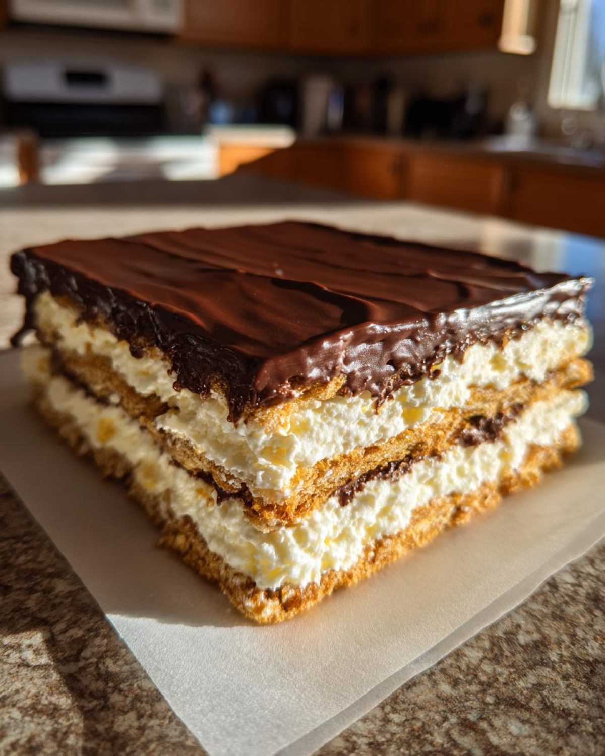 A square slice of layered eclair cake with graham crackers, cream filling, and chocolate frosting.