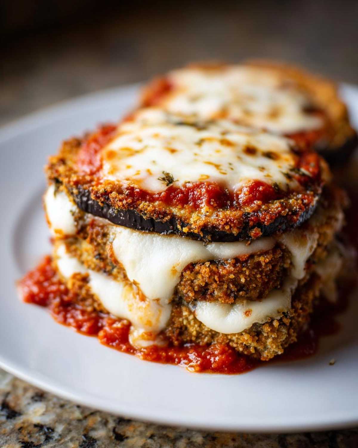 Close-up of a perfectly layered, baked eggplant parmesan stack with melted mozzarella and rich tomato sauce.